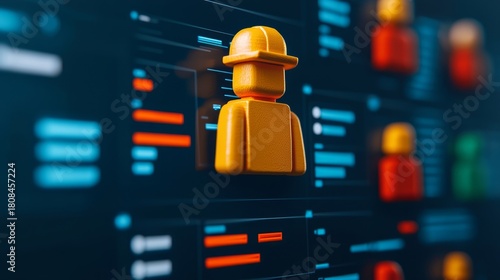 A digital representation of construction workers in a data visualization or project management interface with highlighted tasks and progress bars.
