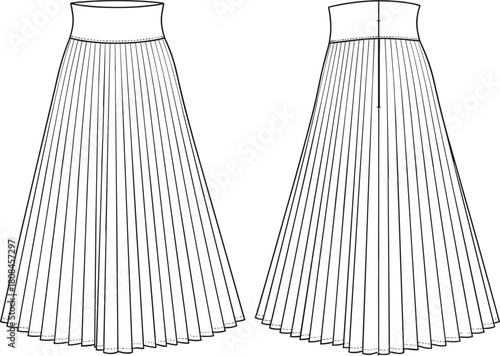 Pleated skirt fashion flat sketch, women technical drawing with waistband, front and back view vector illustration template, clothing design mockup