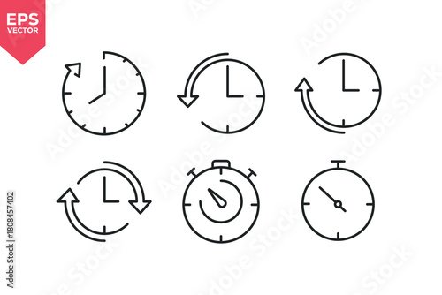 Set of line icons related to time, alarm, timer, schedule, hourglass.  Editable stroke. Vector illustration