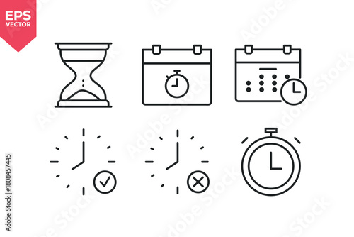 Set of line icons related to time, alarm, timer, schedule, hourglass.  Editable stroke. Vector illustration