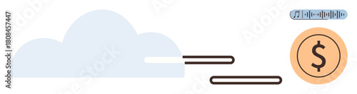 Cloud icon transferring data, dollar coin symbolizing finance, and data waves. Ideal for technology, innovation, finance, cloud computing, digital transformation connectivity and economy. A simple