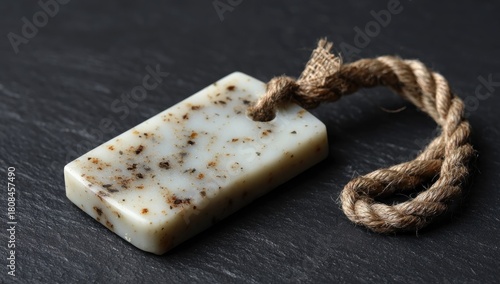 Handmade soap bar with speckled texture and rustic rope on dark surface