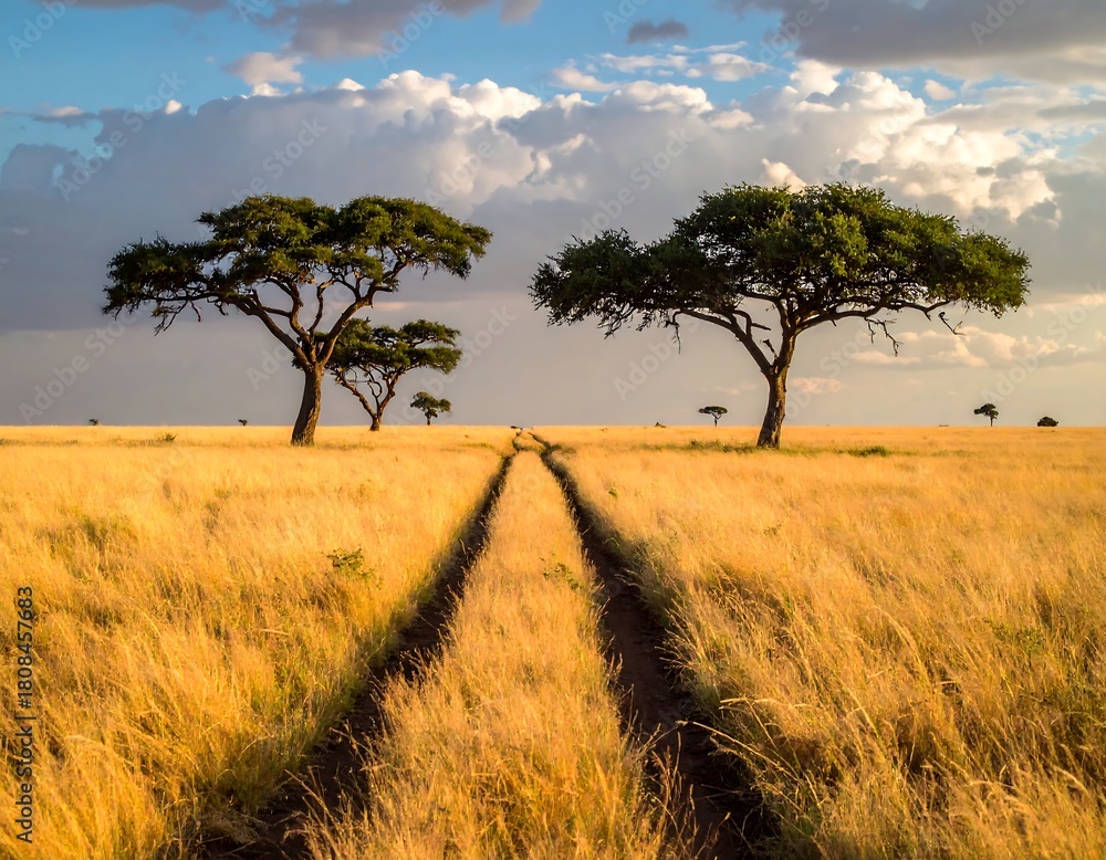 Obraz premium Golden savanna landscape with dirt track and acacia trees under a cloudy sky