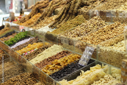 Traditional dry fruit shop display showing assorted nuts and dried fruits market arrangement
