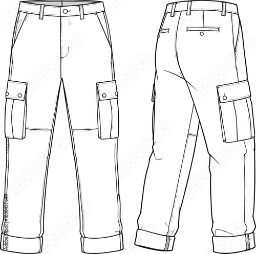 Men's cargo pants technical fashion flat sketch, utility trousers with side pockets, workwear design, rolled hem, front and back vector.