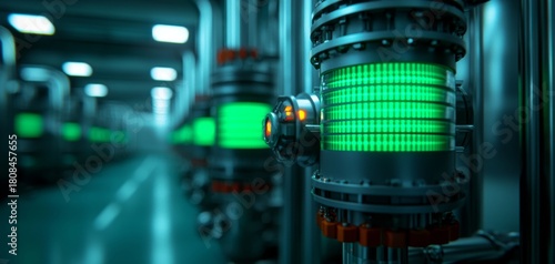 Futuristic data storage units with glowing green lights line a high-tech corridor in a modern server or data center environment.