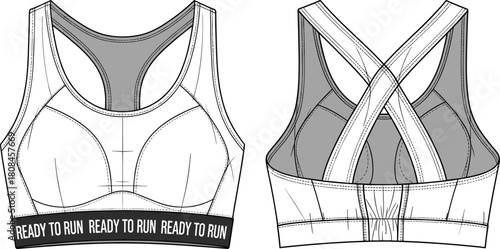 Sports bra technical fashion illustration, flat sketch vector, front and back view, activewear design template, cad drawing