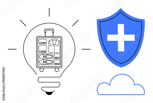 Luggage with organized compartments sits inside a bulb, alongside a shield with a medical cross and a cloud. Ideal for travel safety, innovation, healthcare, storage, simplicity, organization, secure