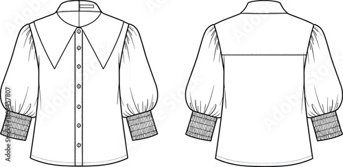 Technical flat sketch of fashion blouse with statement collar, balloon sleeves, and smocked cuffs. CAD vector illustration template.