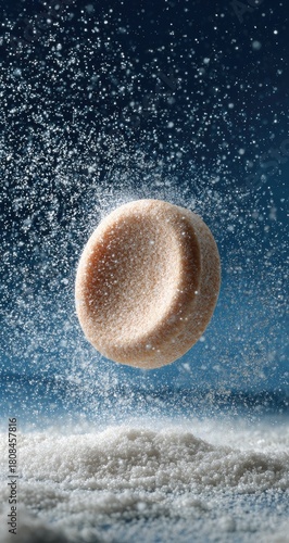 Pill falling. Powder swirling. Blue background. Intense lighting