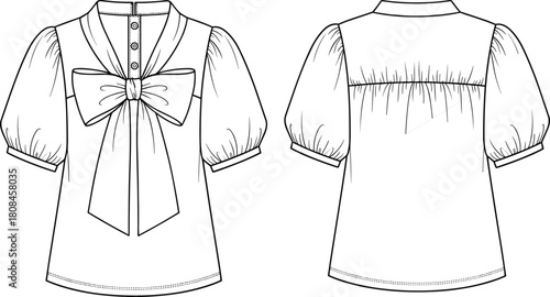 Women's blouse technical fashion illustration, puff sleeves, bow tie front, flat sketch vector, front and back view