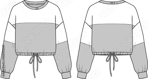Women's color block sweatshirt, drop shoulder, drawstring hem, crew neck, front back view, cad drawing flat vector illustration.