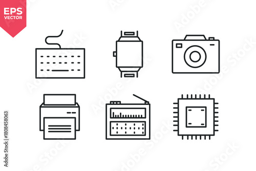 Set of line icons related to keyboard, smartwatch, camera, printer, radio, microchip.  Editable stroke. Vector illustration