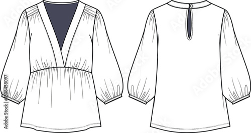 Women's deep v-neck blouse, empire waist, bishop sleeves, back keyhole, front back view, cad drawing flat vector illustration