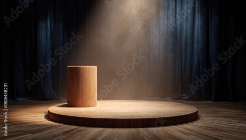 Spotlit wood pedestal on stage against dark curtains