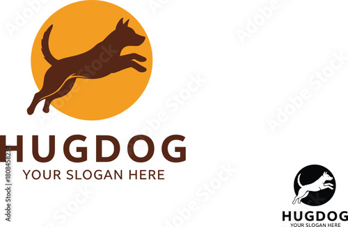 Jumping Dog Silhouette Logo Design in a Sunset or Sun Circle, Representing Pet Happiness, Animal Care, Dog Training, Fun, Energy, and Veterinary Services Branding Vector.
