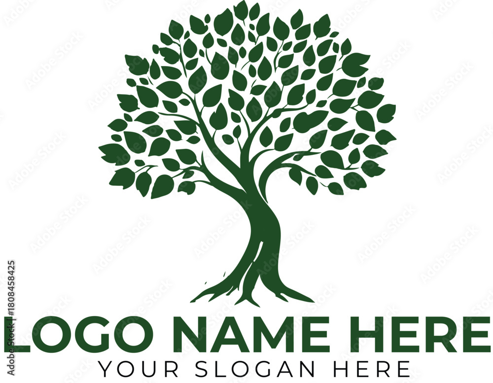 Obraz premium Tree logo vector with leafy canopy and thick trunk for nature, sustainability, wellness, or growth branding