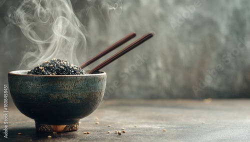Steaming bowl of black seeds with chopsticks on rustic background