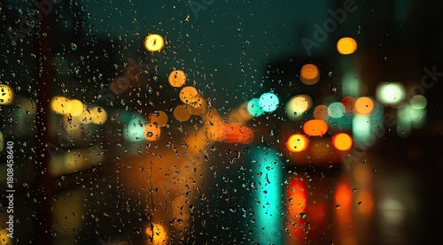 Rain-streaked window view of bokeh lights in a dark cityscape