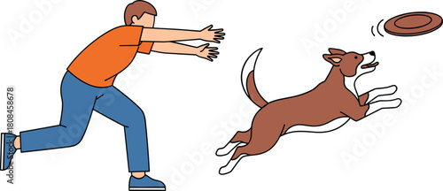 Man Playing Frisbee with His Dog Outdoors, Illustrating Fun, Exercise, Pet Training, Bonding, Active Lifestyle, and Happy Summer Activities Vector.