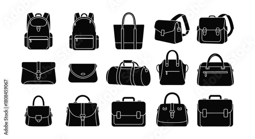 Collection of various black silhouette handbags backpacks and tote bags