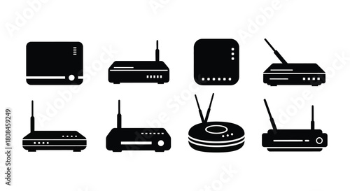 Black and white icons depicting various wireless routers and network devices