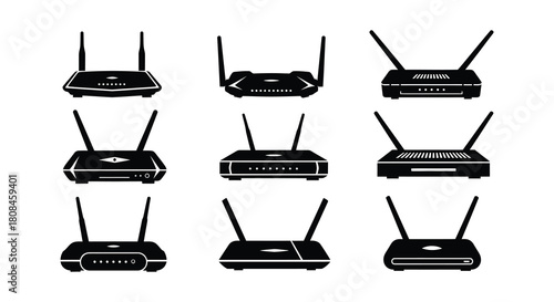 Black and white icons depicting various wireless routers and network devices