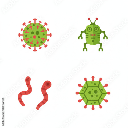 Microscopic World and Robotic Character Flat Design Icons A Diverse Set of Scientific and Technological Illustrations