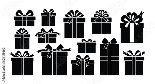 A collection of beautifully wrapped gift boxes in a dark silhouette style