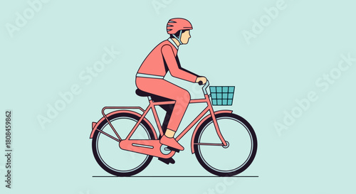 Person Riding A Bicycle with Basket and Helmet