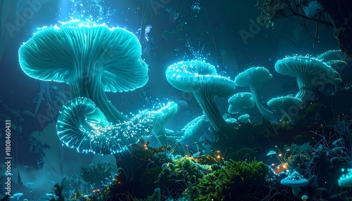 Fototapeta Naklejka Na Ścianę i Meble -  Bioluminescent underwater coral reef glowing with vibrant blue light.