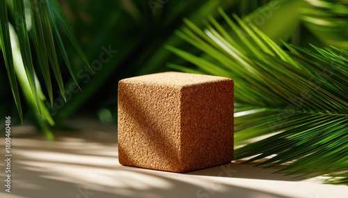 Textured block display with exotic green palm fronds in sun-drenched light