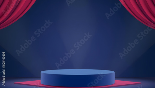 3D render blue stage podium with red curtains and spotlight presentation background