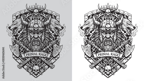 Primal Rage: Viking Berserker Head with Horned Helmet and Wolf Guardians