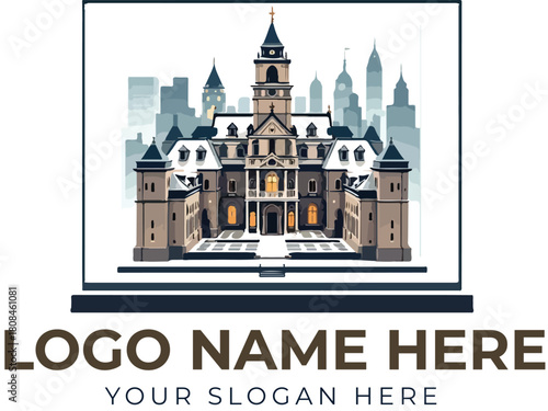 Institutional logo vector with historic building and modern city skyline for heritage, education, or civic branding