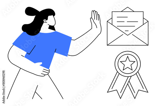 Woman gesturing stop toward an open envelope next to an award badge. Ideal for decision-making, rejection, selectivity, boundaries, communication, prioritization, and self-respect concepts. Clean