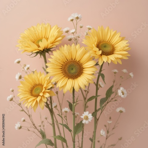 Wallpaper Mural Vibrant yellow sunflowers and delicate white daisies arranged in a beautiful floral bouquet against a soft pastel background Torontodigital.ca