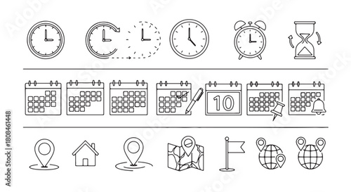 Set of time and location icons simple line vector symbols for app and web design isolated on white b