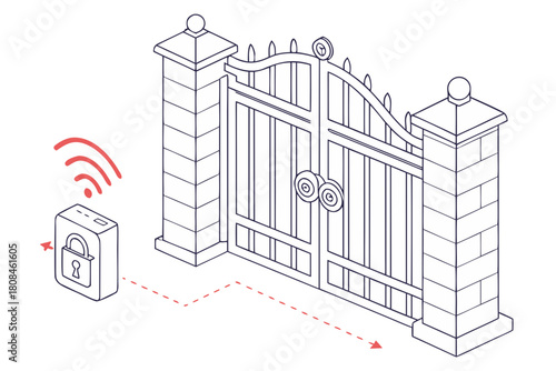 Smart Automatic Gate with Remote Control Line Art Illustration