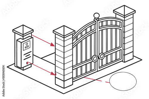 Smart Automatic Gate with Remote Control Line Art Illustration