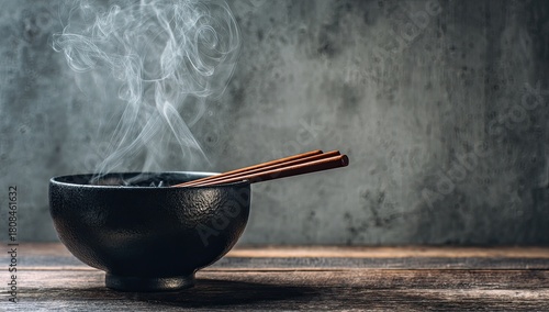 Steaming bowl with chopsticks rests on weathered wood surface