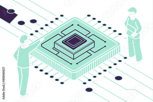Isometric Microchip CPU Illustration with Engineers on Circuit Board Background