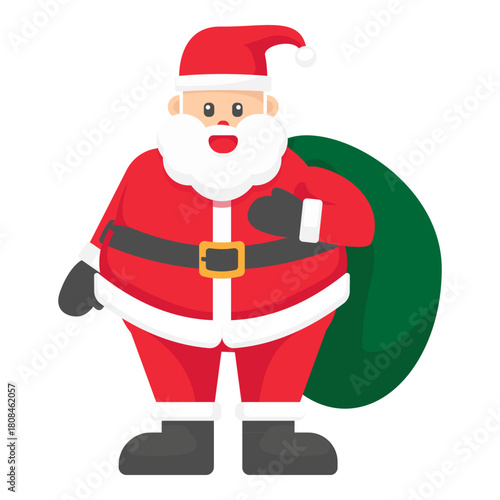 Festive Santa Illustration: A cheerful Santa Claus stands, with a jolly expression, ready to deliver holiday cheer, carrying a sack full of presents. An image full of warmth and tradition.