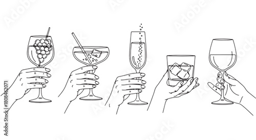 Set of hands holding cocktails line art vector illustration for menu design isolated on white backgr