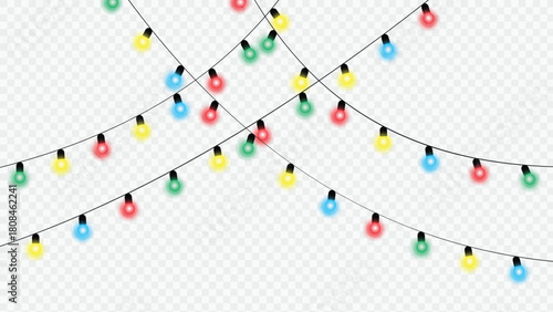 Colorful christmas lights garland with red, green, yellow and blue bulbs on transparent background