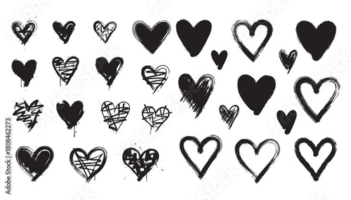 Set of Hand Drawn Brush Stroke Heart Shapes Vector Graphic