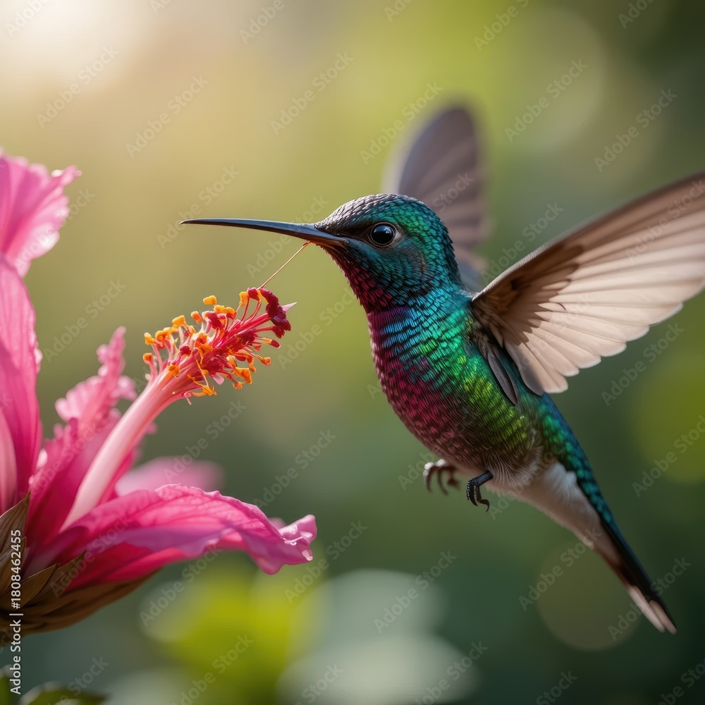 Obraz premium Hummingbird's Enchanting Sip Capturing Nature's Tiny Dancer with Hibiscus Bloom