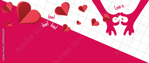Romantic vector background with paper hearts and hand silhouettes forming a heart. Bright pink and white colors. Perfect for Valentine's Day, wedding invitations, and love posts. Space for text.