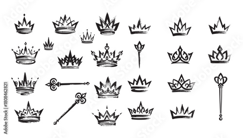 Set of Hand Drawn Royal Crowns and Scepters Vector Graphic