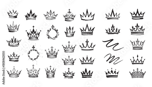 Set of Hand Drawn Royal Crowns and Scepters Vector Graphic